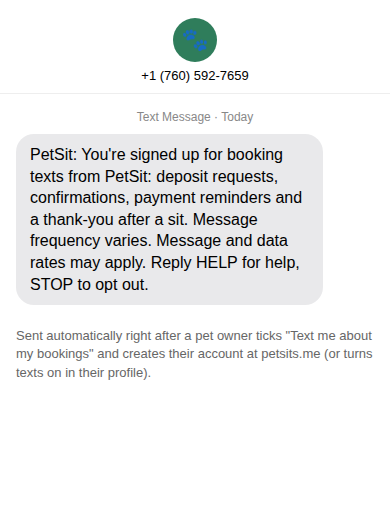 Confirmation text message from PetSit