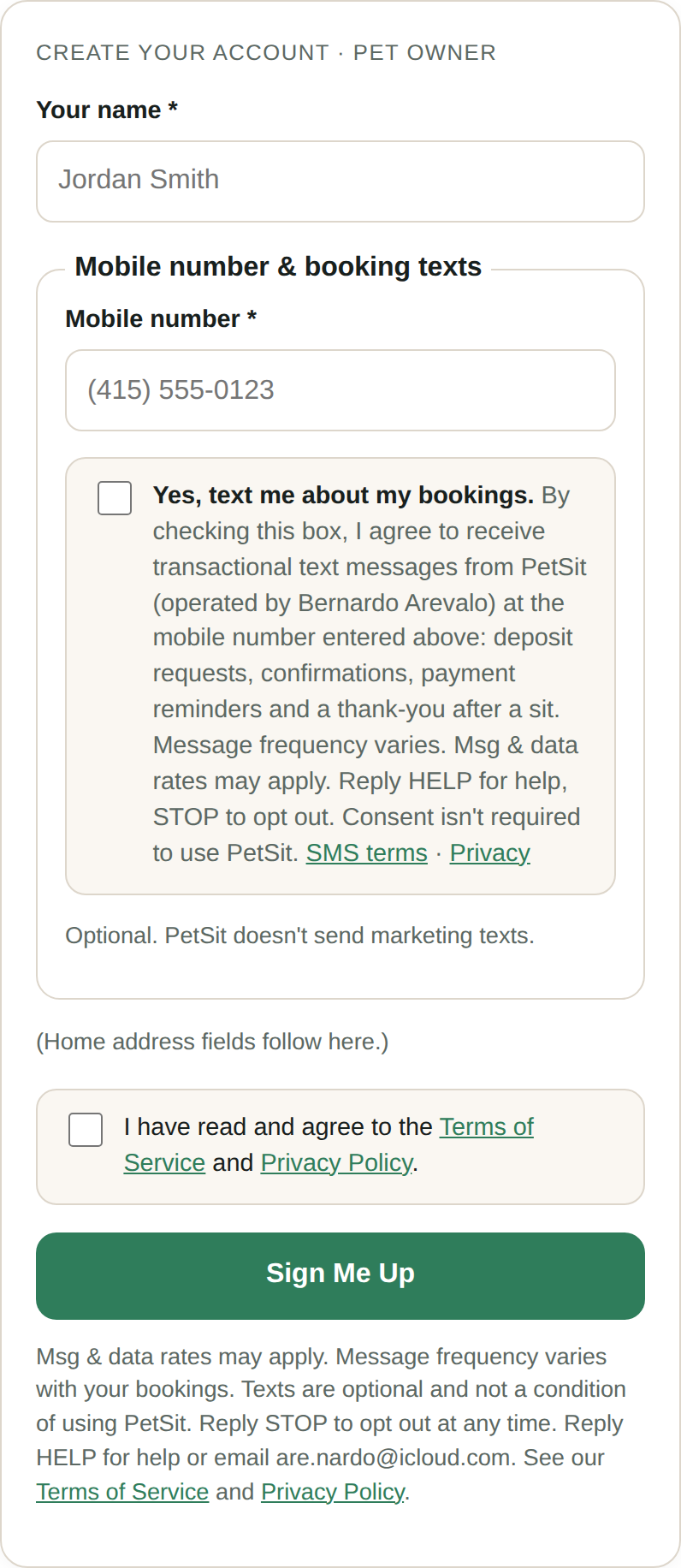 PetSit sign-up form with the unticked 'Text me about my bookings' checkbox below the mobile number field